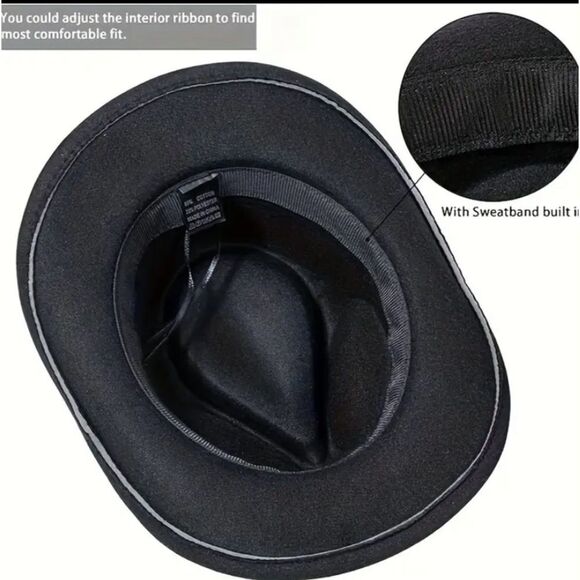 Adjustable Black Felt Cowboy Hat Unisex Western Style - Picture 3 of 6